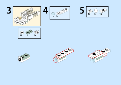 Instruction steps 3-5 showing assembly of a small LEGO vehicle from light blue plates, a brick, and translucent tiles.