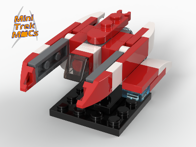 High-angle view of a red and white micro LEGO starship with a black cockpit on a black display stand.
