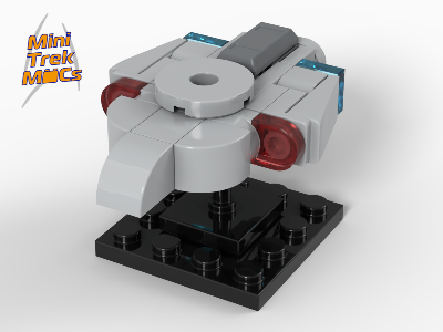 High-angle view of a grey micro LEGO starship with red and blue translucent accents, mounted on a black display stand.