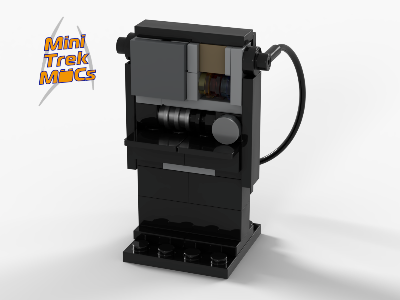 High-angle view of a black, vertical LEGO micro-build featuring metallic silver details and a curved side hose element.