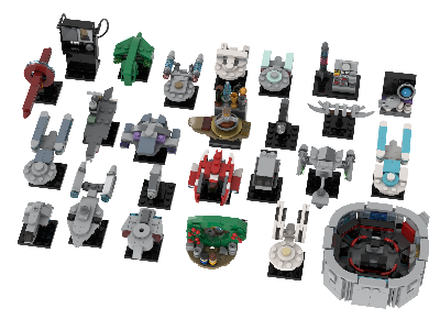 High-angle view of 25 micro LEGO space, ship, and building models arranged on small black display bases.