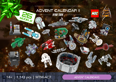 Top-down view of 25 Star Trek LEGO micro models including ships, tech, and scenes scattered against a pine background.