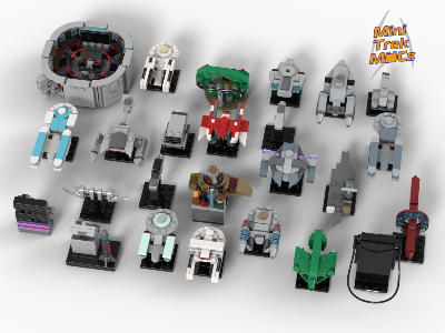High-angle view of 25 micro LEGO Star Trek starships and base interiors arranged on a white background.