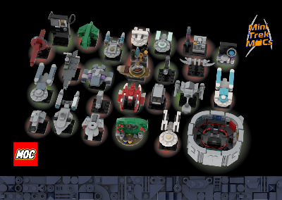 High-angle view of 25 micro LEGO Star Trek models, including ships, space stations, and a bridge interior on black.