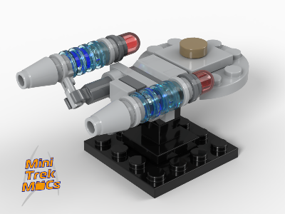 High-angle view of a micro LEGO starship with translucent blue engine coils and red thrusters, mounted on a black base.