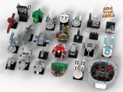High-angle view of 25 micro LEGO Star Trek models, including various starships, space stations, and a circular bridge interior.